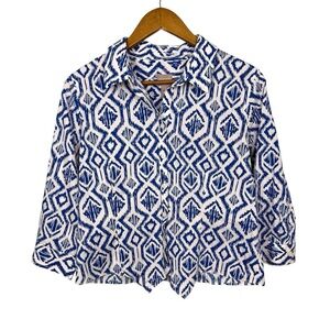 Chico's Blue and White Ikat Patterned Button Down Size M